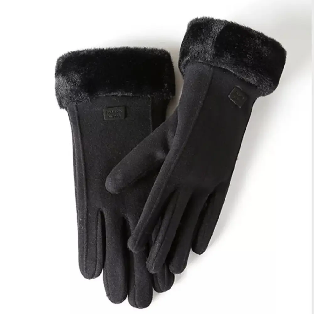 Black knit windproof gloves with plush lining and touchscreen-compatible fingertips for outdoor use