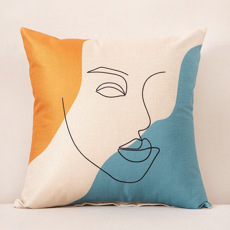 Abstract face line art polyester cushion cover, linen-like texture, bold colors for modern sofa decor