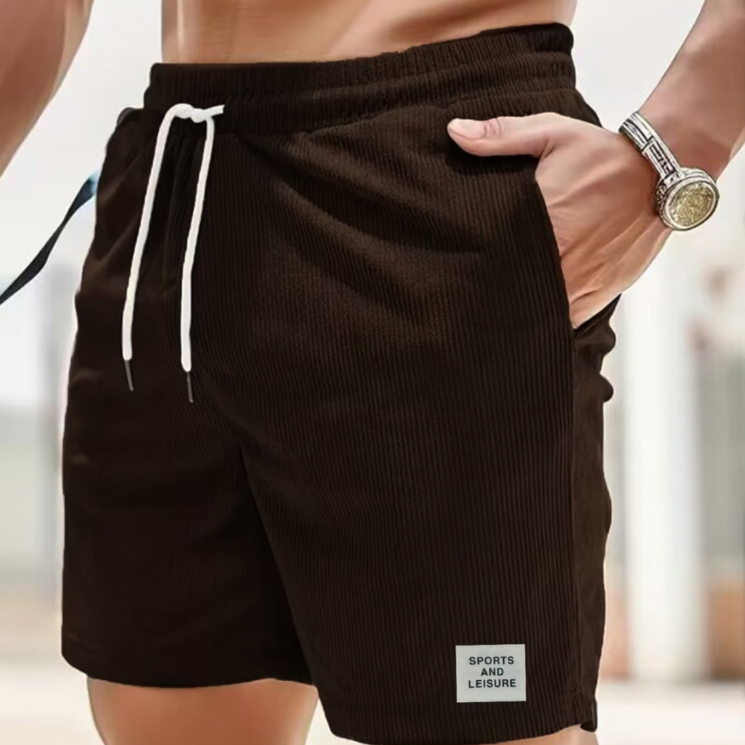 Men's beige corduroy drawstring shorts relaxed fit textured fabric casual beach everyday style