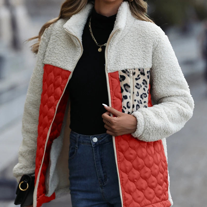 Women's black quilted sherpa jacket with leopard print zip pocket and satin panels stand collar