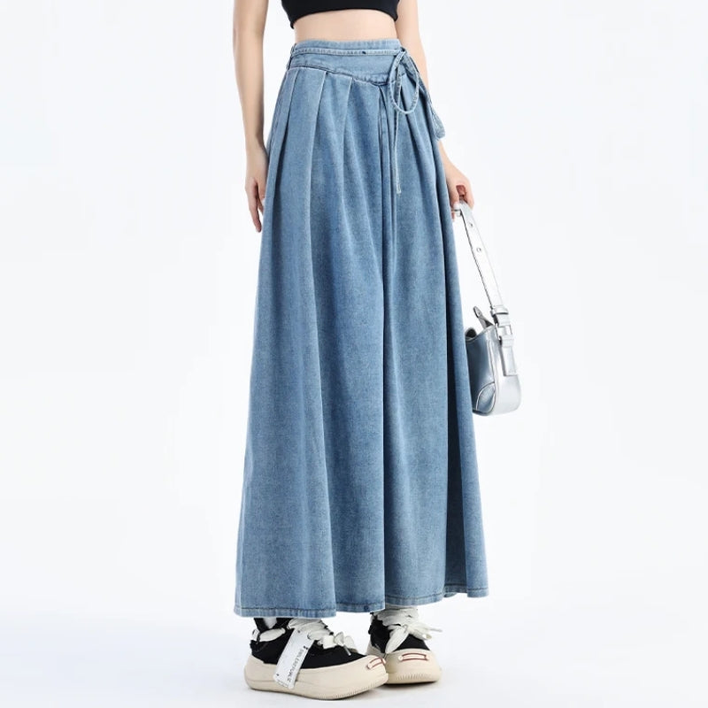 Women's blue denim midi skirt elastic waistband casual to polished versatile everyday style