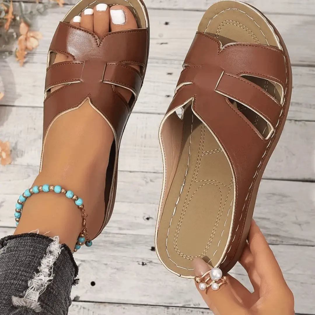 Women's beige orthopedic slip-on sandals with contoured arch support insole for all-day comfort