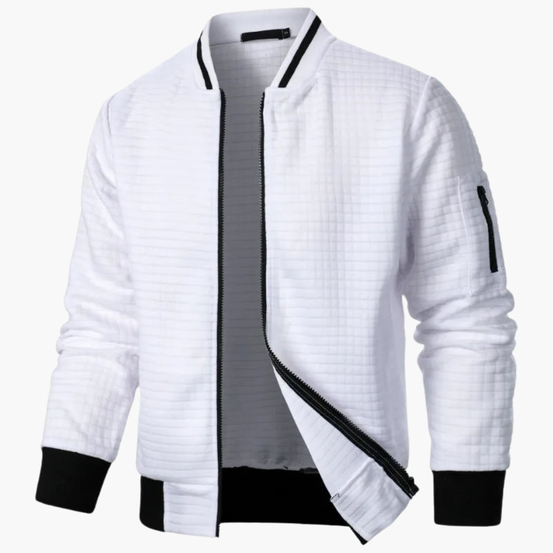 Men's slim-fit warm jacket in neutral tones, modern tailored outdoor design with cozy insulation