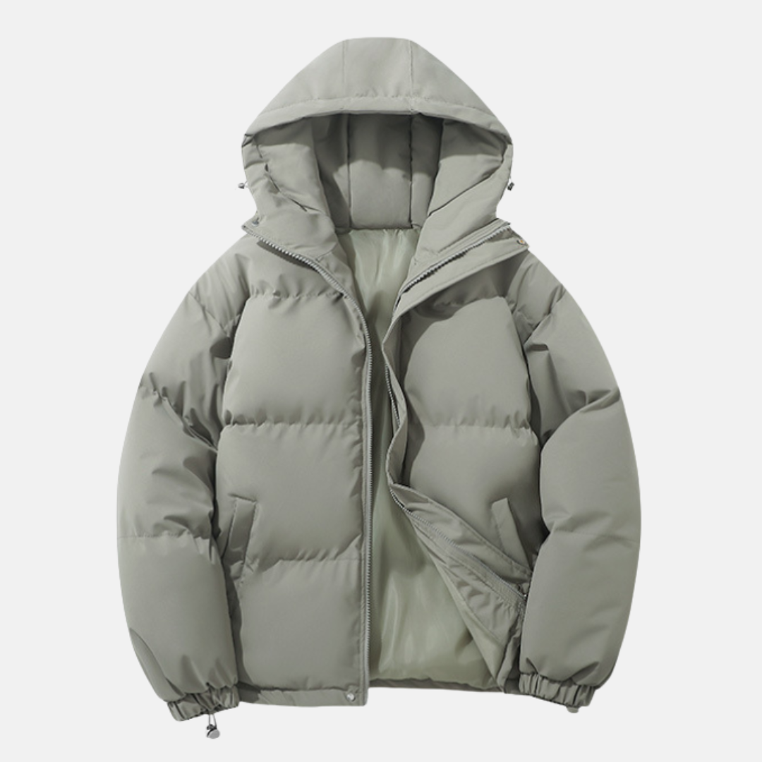 Men's insulated hip-length puffer coat with attached hood and elastic hem for urban cold-weather style