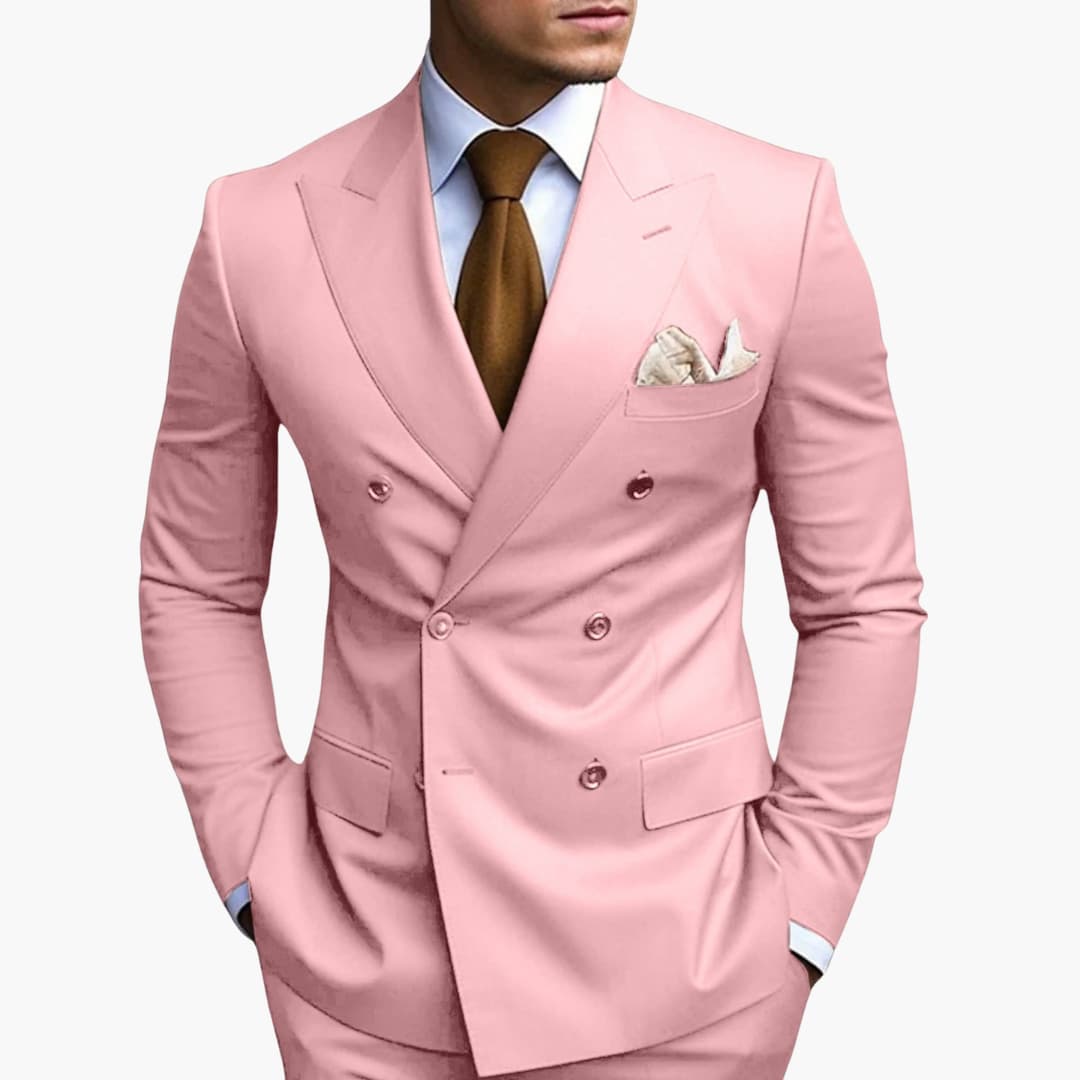 Men's navy blue double-button notched lapel suit set with straight-leg pants for modern tailoring