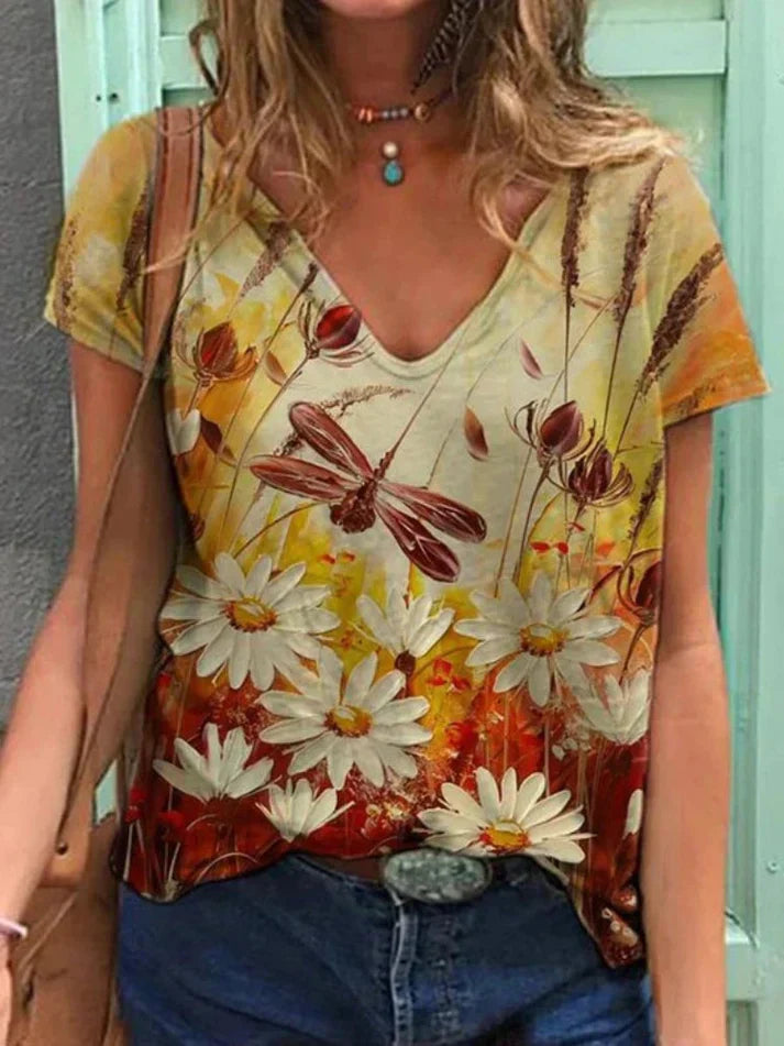 Artistic floral print V-neck t-shirt women soft sustainable fabric flattering fit