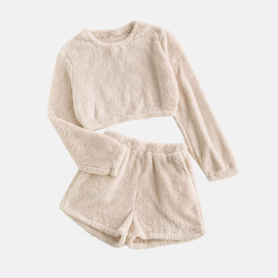Women's textured plush two-piece loungewear set cropped long sleeve top high-waisted shorts