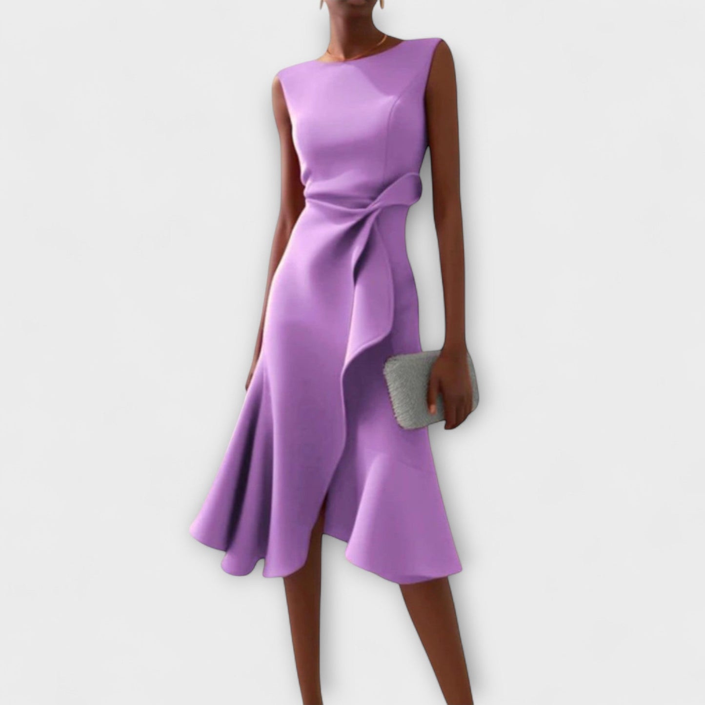 Sleeveless midi cocktail dress with fitted waist, asymmetric ruffle detail, and chic timeless silhouette
