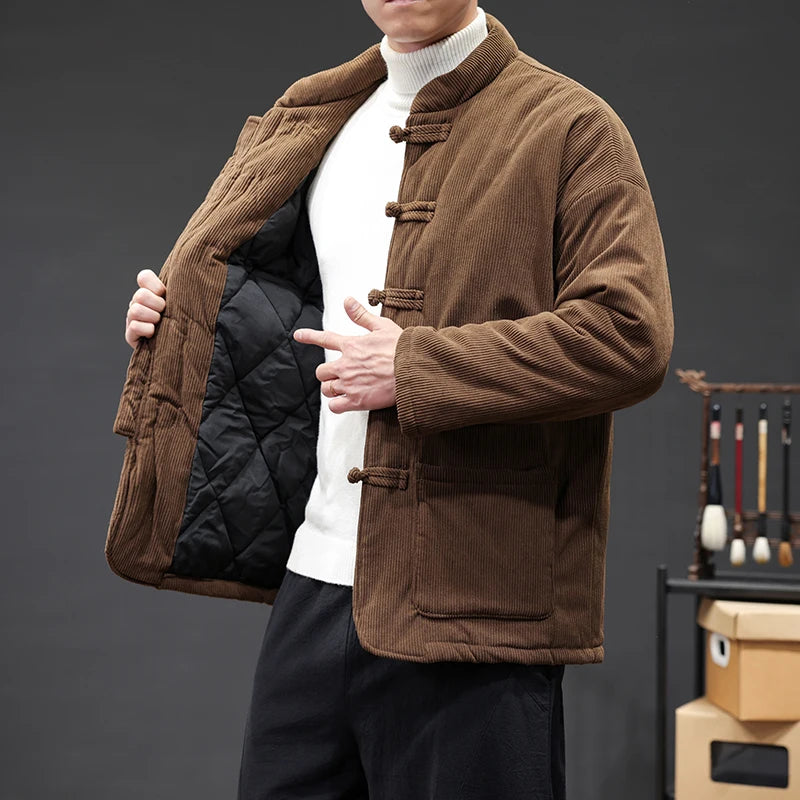 Men's insulated corduroy Tang blazer with disc buckle closure, modern traditional silhouette