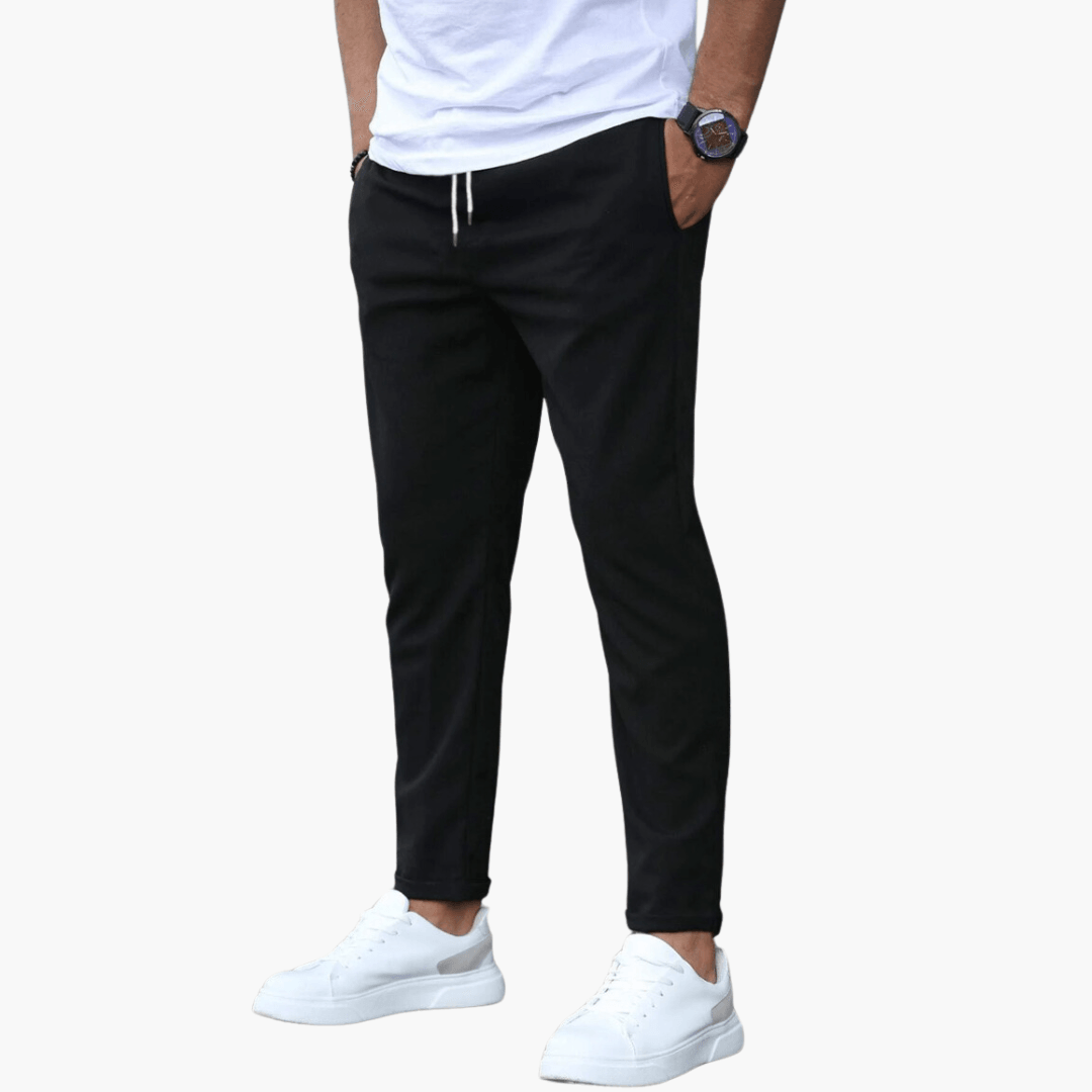 Men's slim-fit stretch trousers in neutral tone, flexible adaptive waistband for all-day comfort