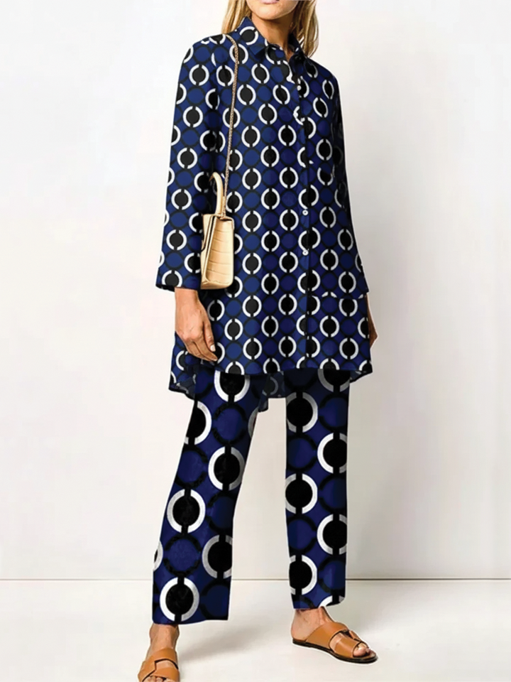 Women's two-piece woven set relaxed tunic top straight-leg pants pointed collar vintage-inspired