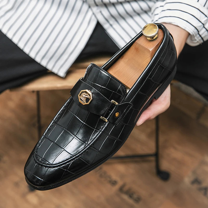 Men's mirror-gloss crocodile-embossed patent leather loafer with brushed metal bit
