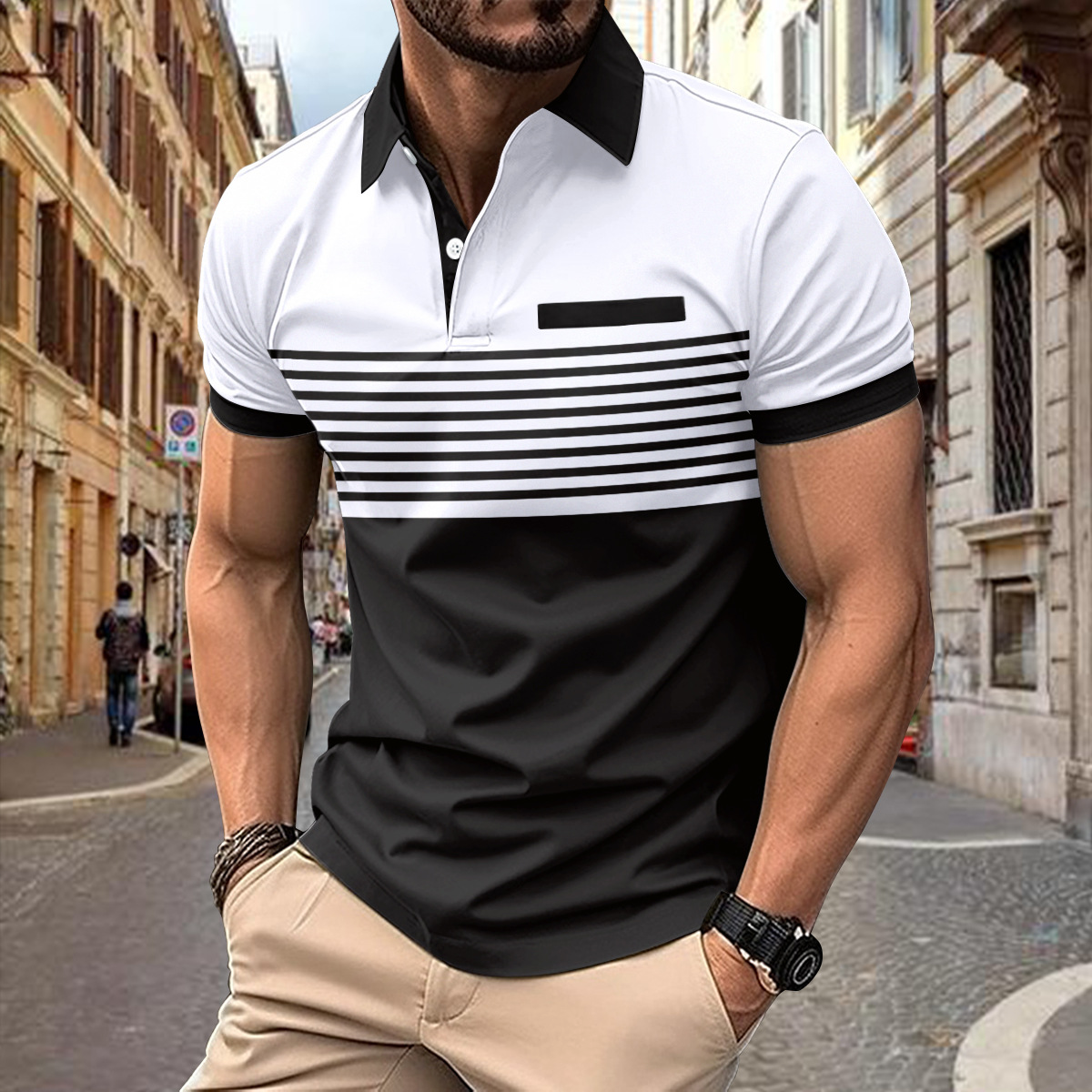 Men's classic fit polo shirt breathable striped fabric button placket casual everyday versatile comfort