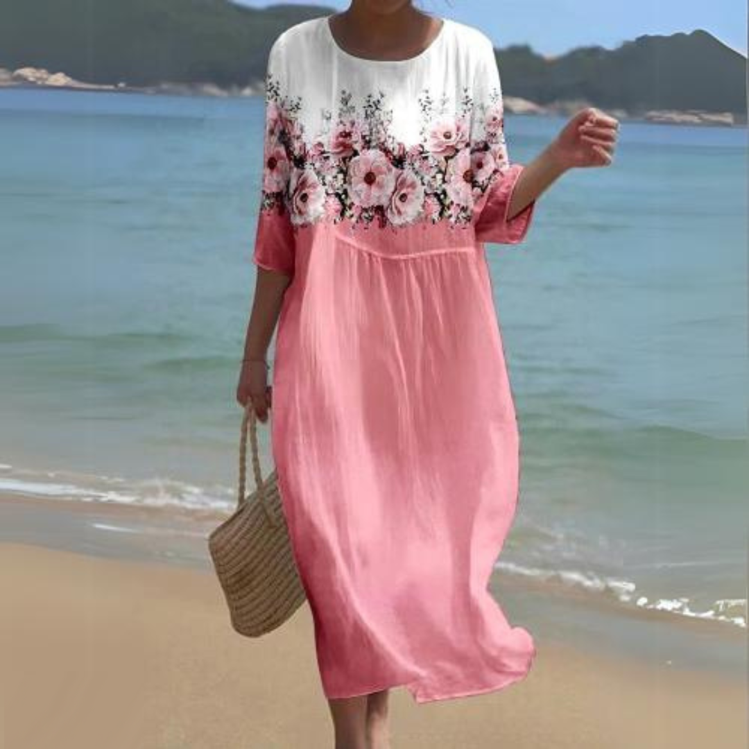 Floral midi dress women light airy viscose 3/4 sleeve round neck garden party style