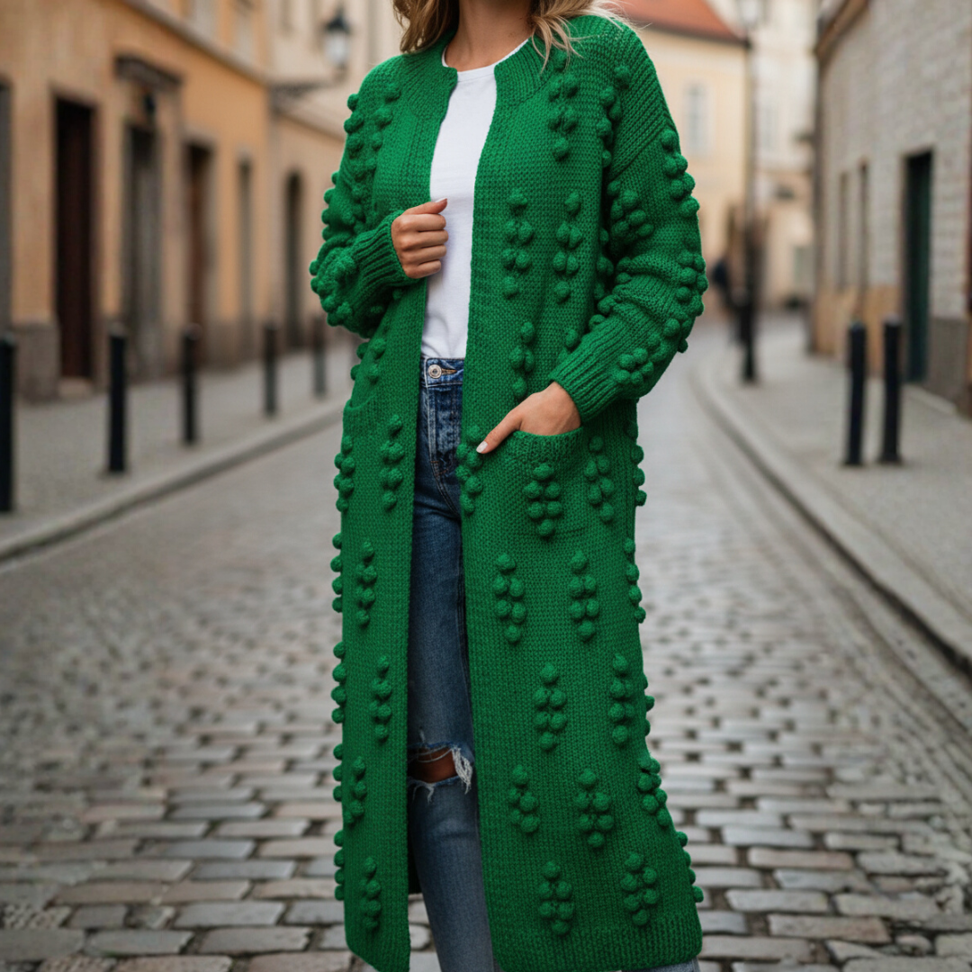 Women's long thick knit bohemian cardigan open-front cozy raised knitwork autumn winter outerwear