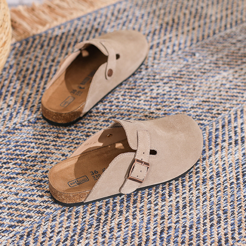 Women's beige suede closed-toe slides with gold buckle detail, lightweight slip-on everyday comfort shoes