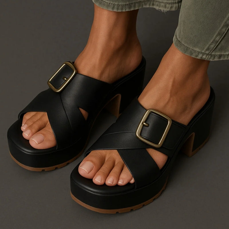 Beige orthopedic platform sandals with crisscross straps and adjustable wide metal buckle