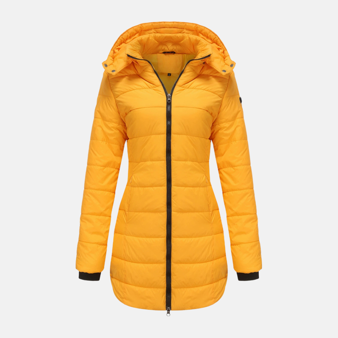 Women's mid-length quilted puffer jacket with detachable hood and ribbed cuffs for cozy winter warmth