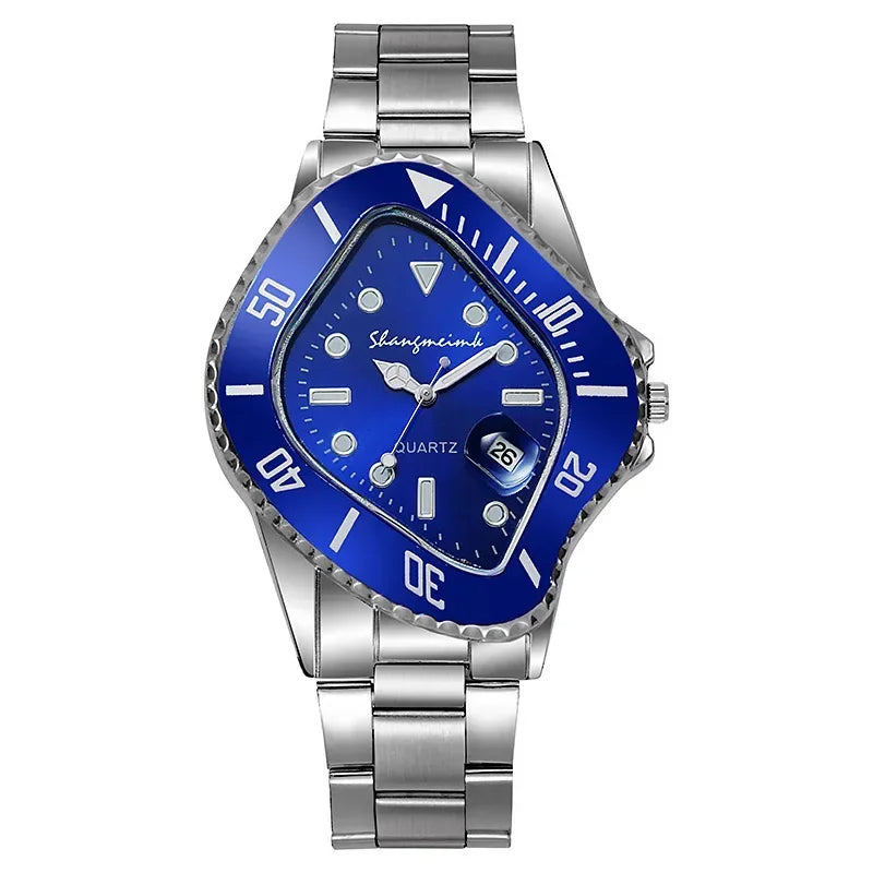 Men's Time-Warp wristwatch warped dial stainless steel band bold vibrant colors fashion-forward design