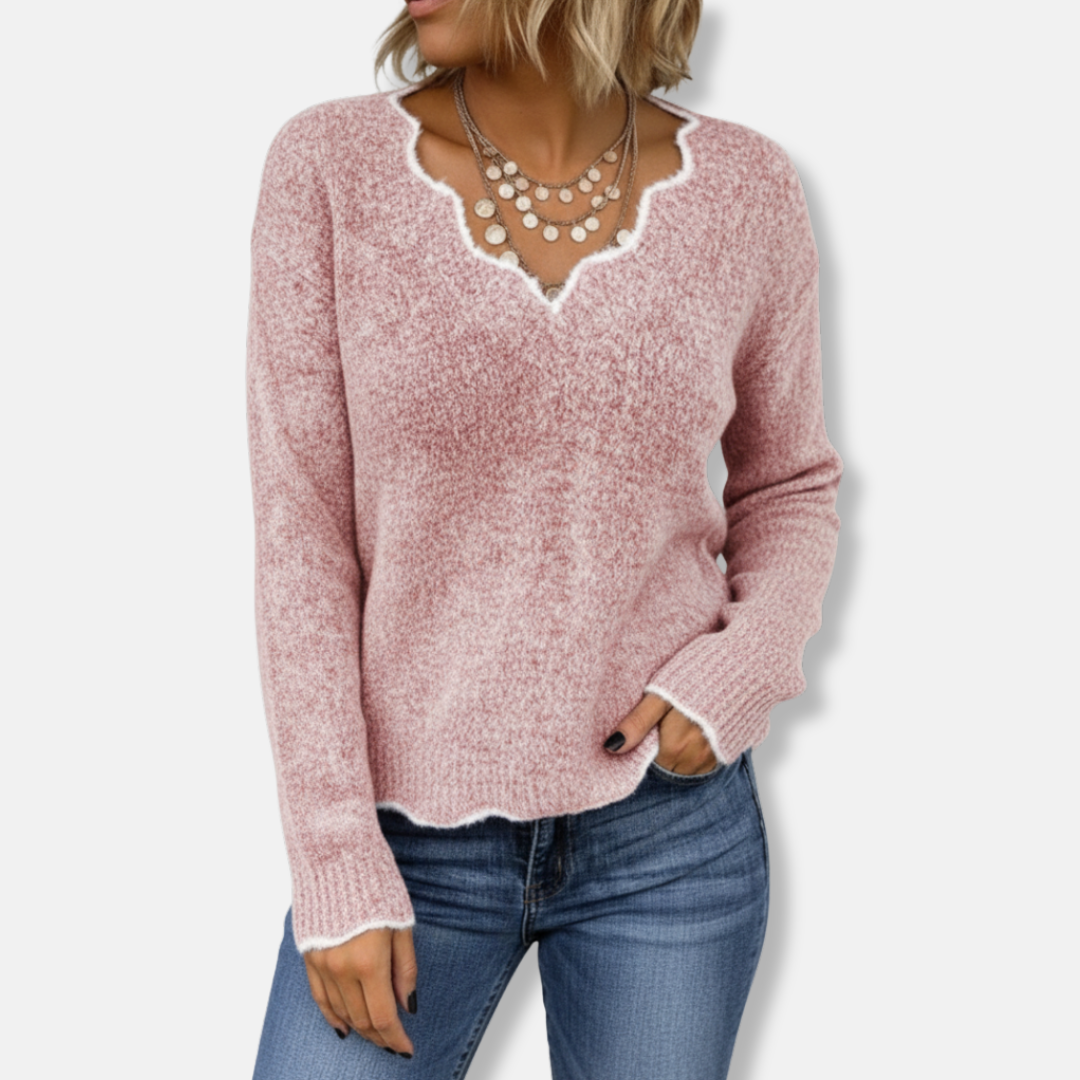 Women's relaxed-fit wool knit pullover sweater with feminine scalloped neckline in soft neutral tone