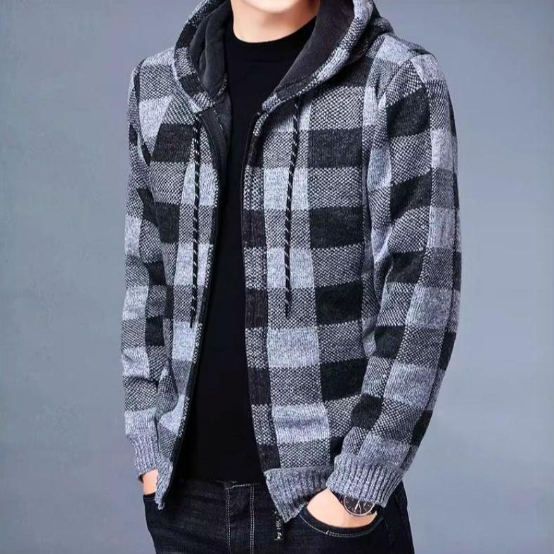 Men's plaid fleece zip-up hoodie soft plush fabric insulating warmth cold weather comfort