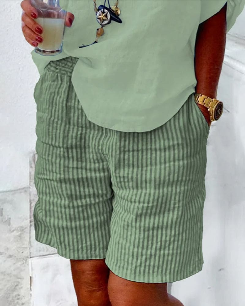 Women's mid-rise striped linen cotton shorts with pockets, breathable chic summer style