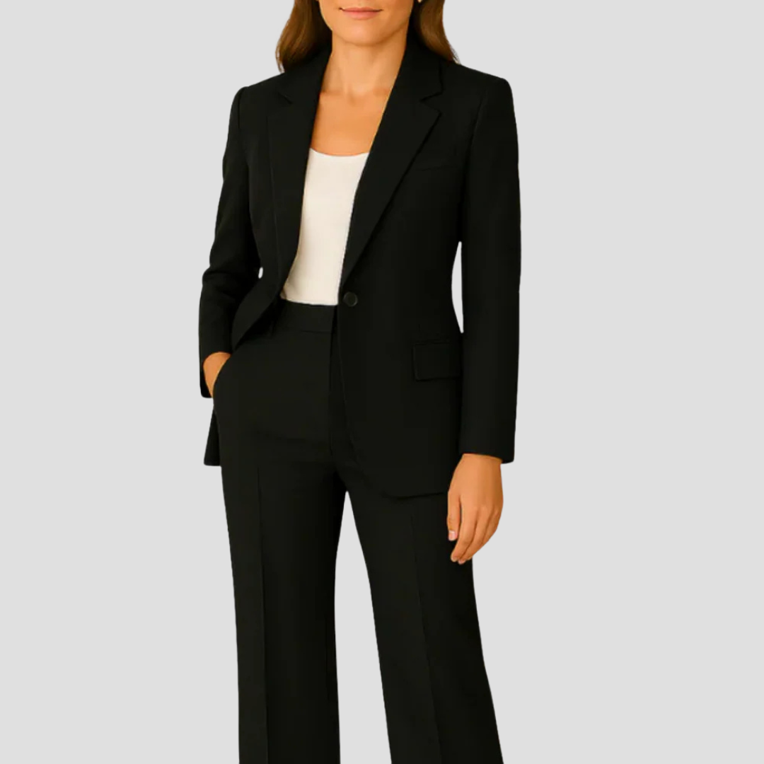 Women tailored suit set long blazer straight-leg trousers single-button professional elegant look