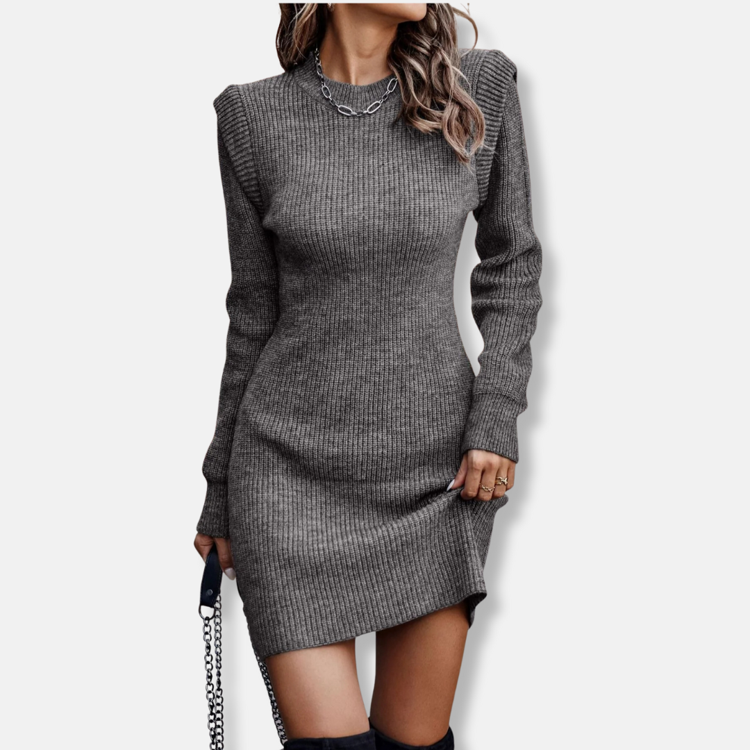 Women's ribbed knit mini dress slim fit long sleeves structured puff shoulders chic bodycon style
