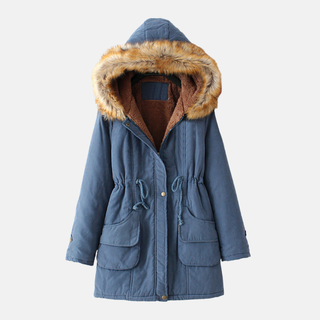 Women's slim-fit parka coat with sherpa lining and faux fur hood, city-chic winter style
