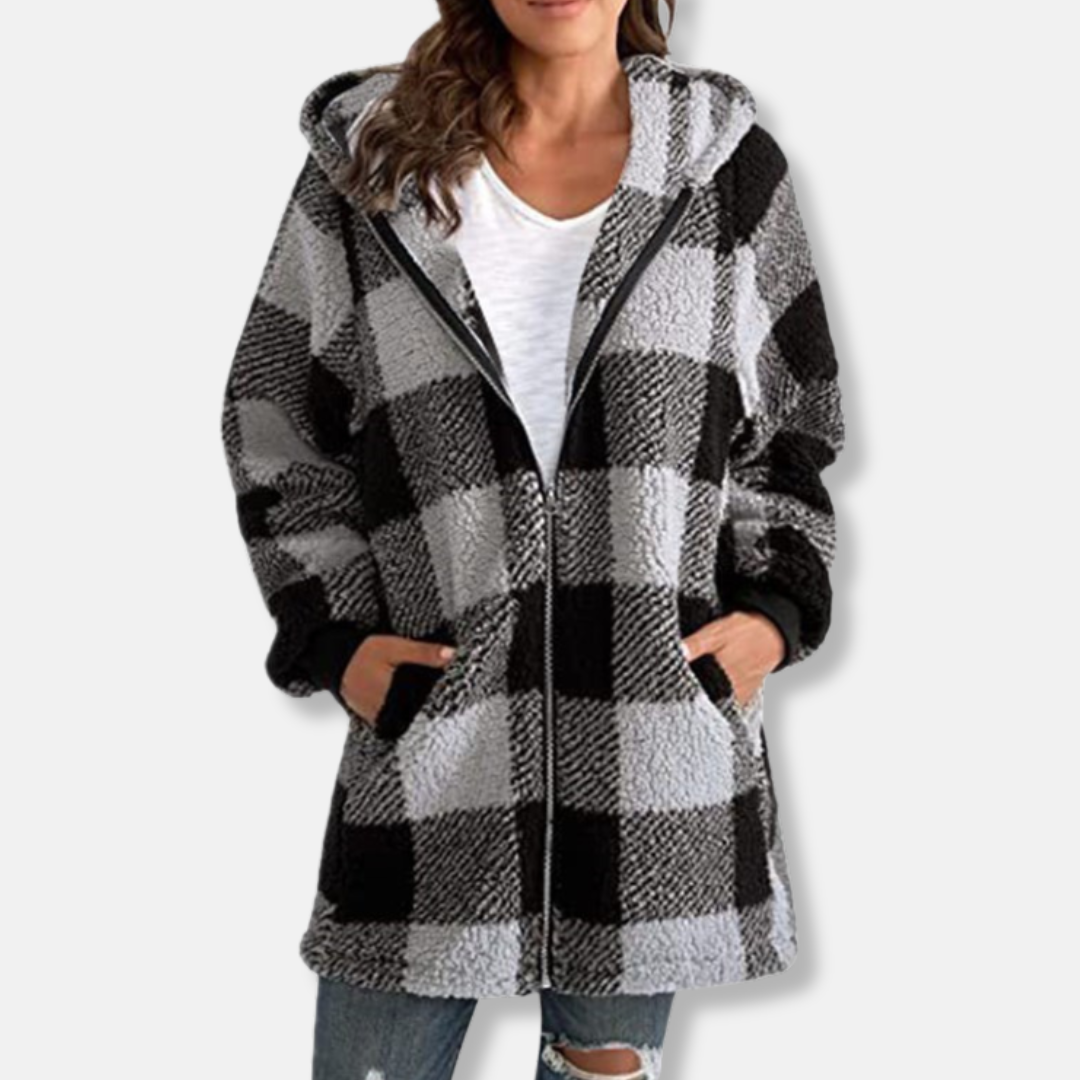Women's oversized longline hooded knit jacket cozy soft check pattern full zip casual fit