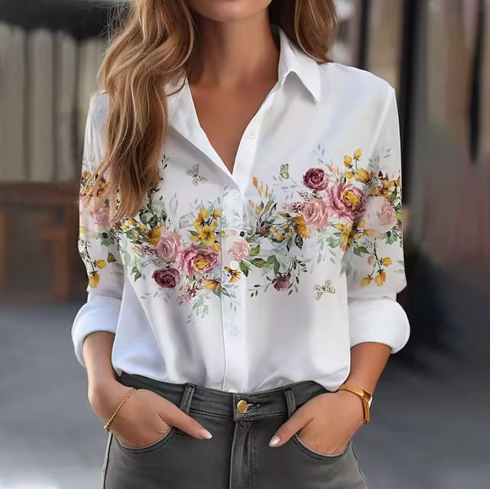 Women's lightweight floral print blouse long sleeve breathable fabric feminine floral pattern warm weather top