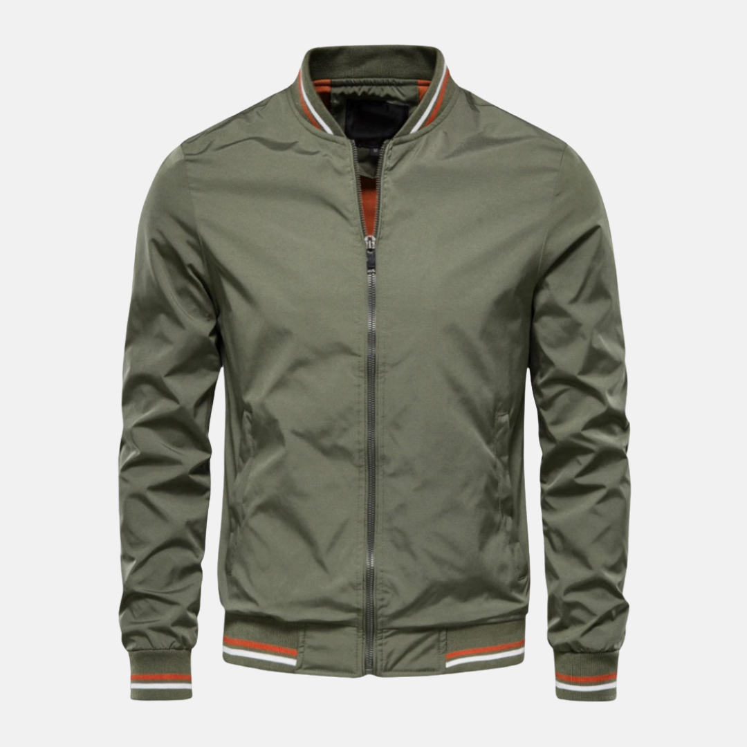 Men's black PU leather bomber jacket relaxed fit with striped ribbed edges and zip closure