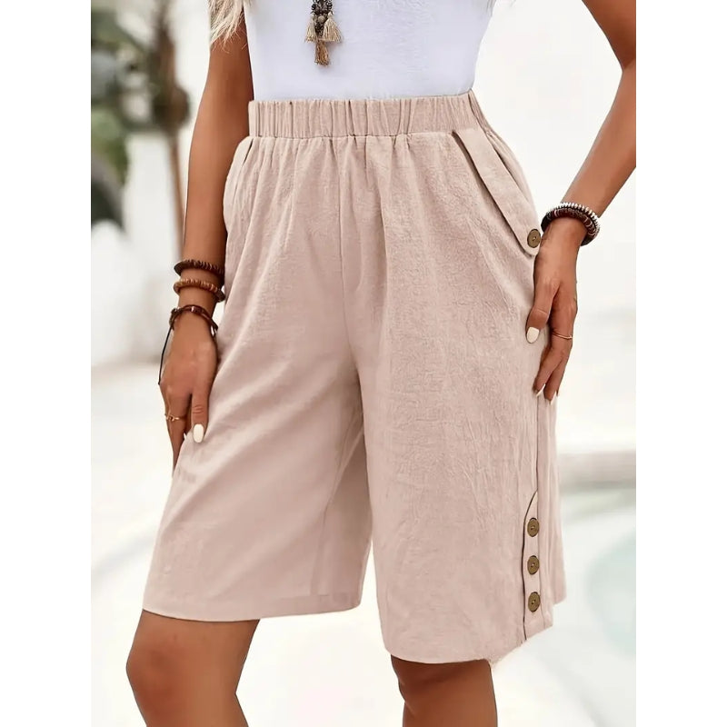 Women's cotton linen shorts breathable lightweight summer cut with functional side pockets
