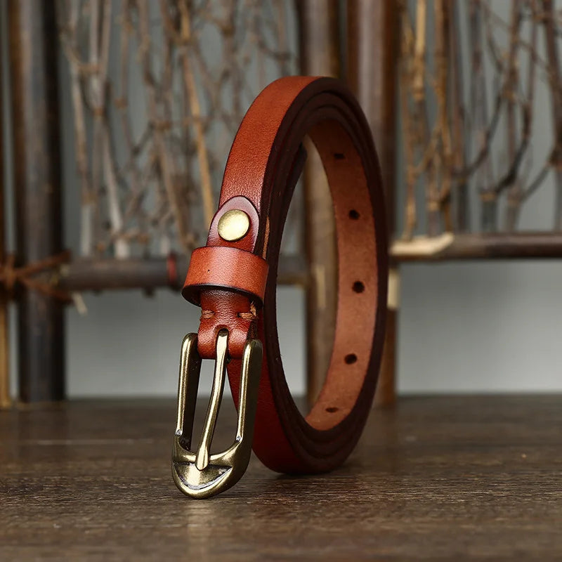 Quinn slim full-grain leather belt with antique brass buckle, refined vintage style for professionals