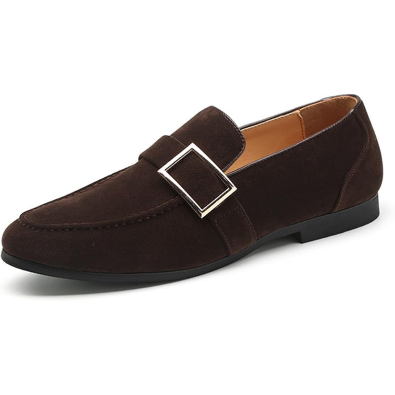 Brown suede loafers with polished buckle detail, cushioned footbed, slip-on professional style