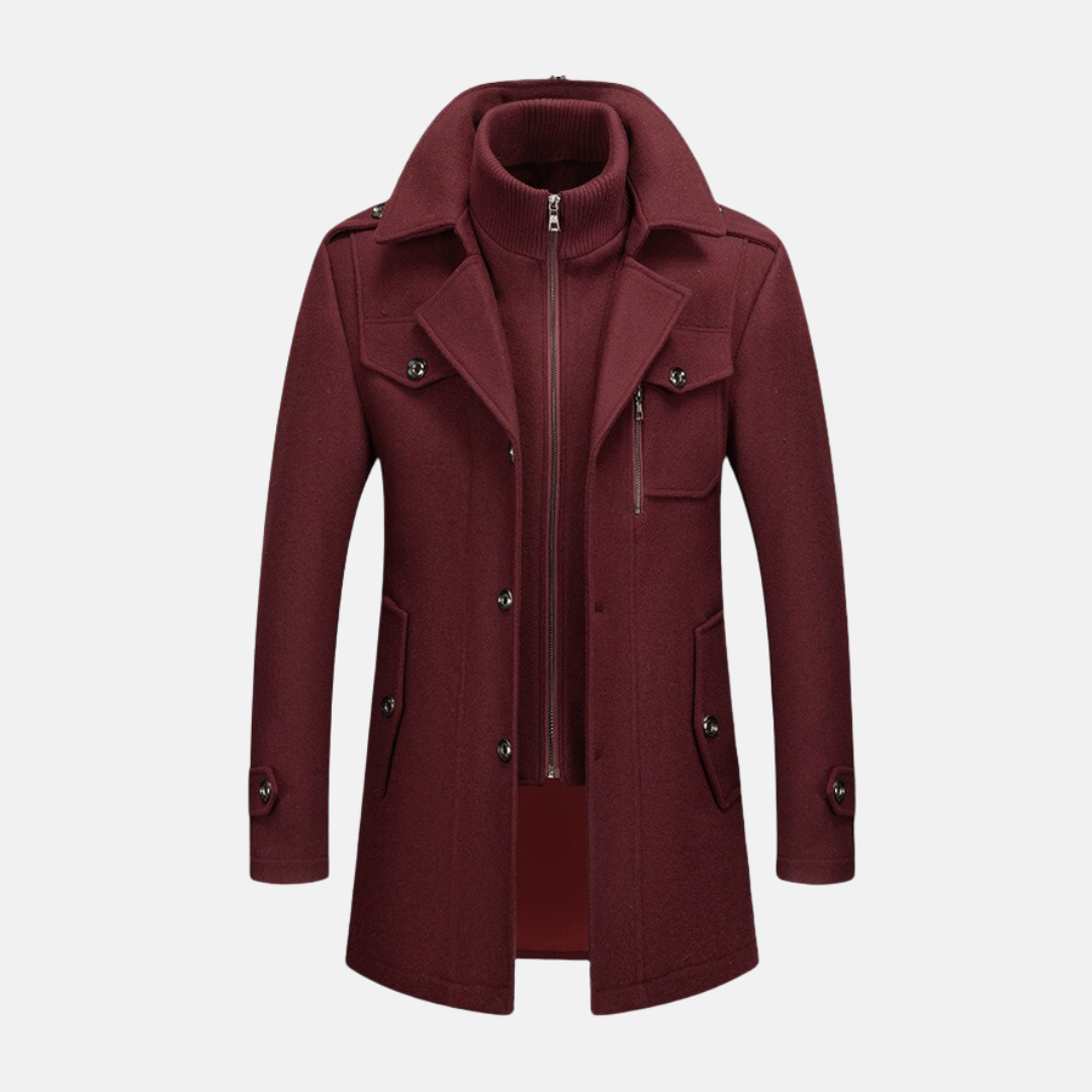 Men's slim-fit wool blend coat mid-thigh length with double collar and epaulet details