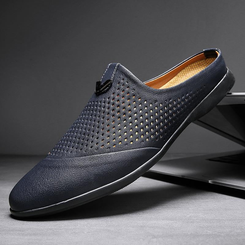 Montclair tan perforated Italian leather slip-on mule with breathable ventilation for warm climates