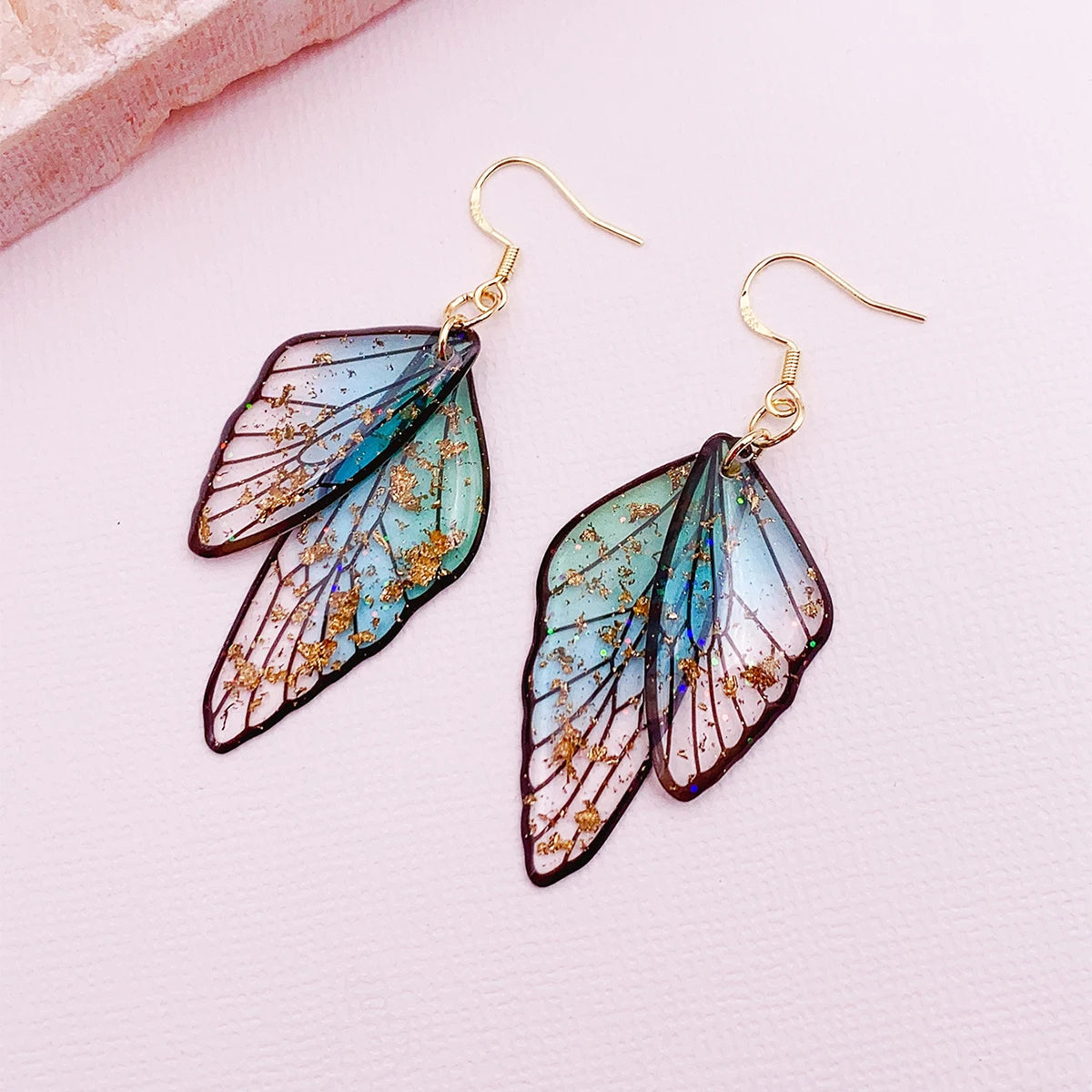 Ombré butterfly wing dangle earrings in translucent resin with gold foil shimmer, ultra-lightweight glam style