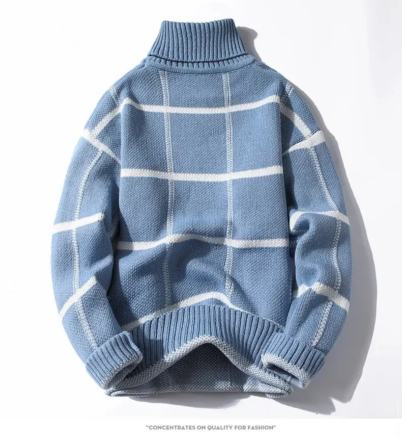 Charcoal grid knit turtleneck sweater with structured windowpane texture for a modern tailored look