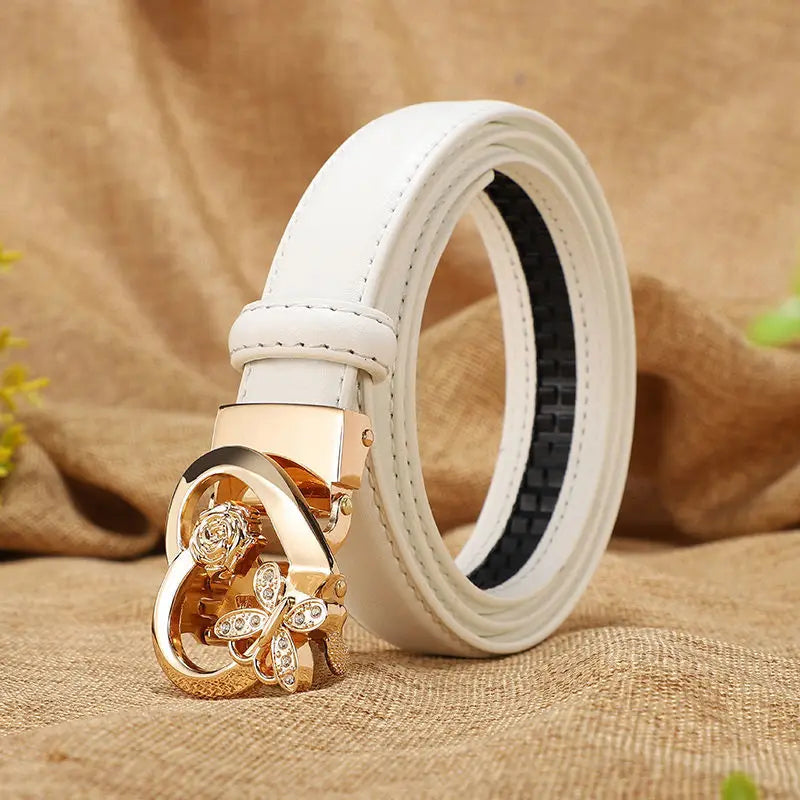 Women's high-gloss leather belt gold butterfly rose crystal buckle bold feminine waist accent