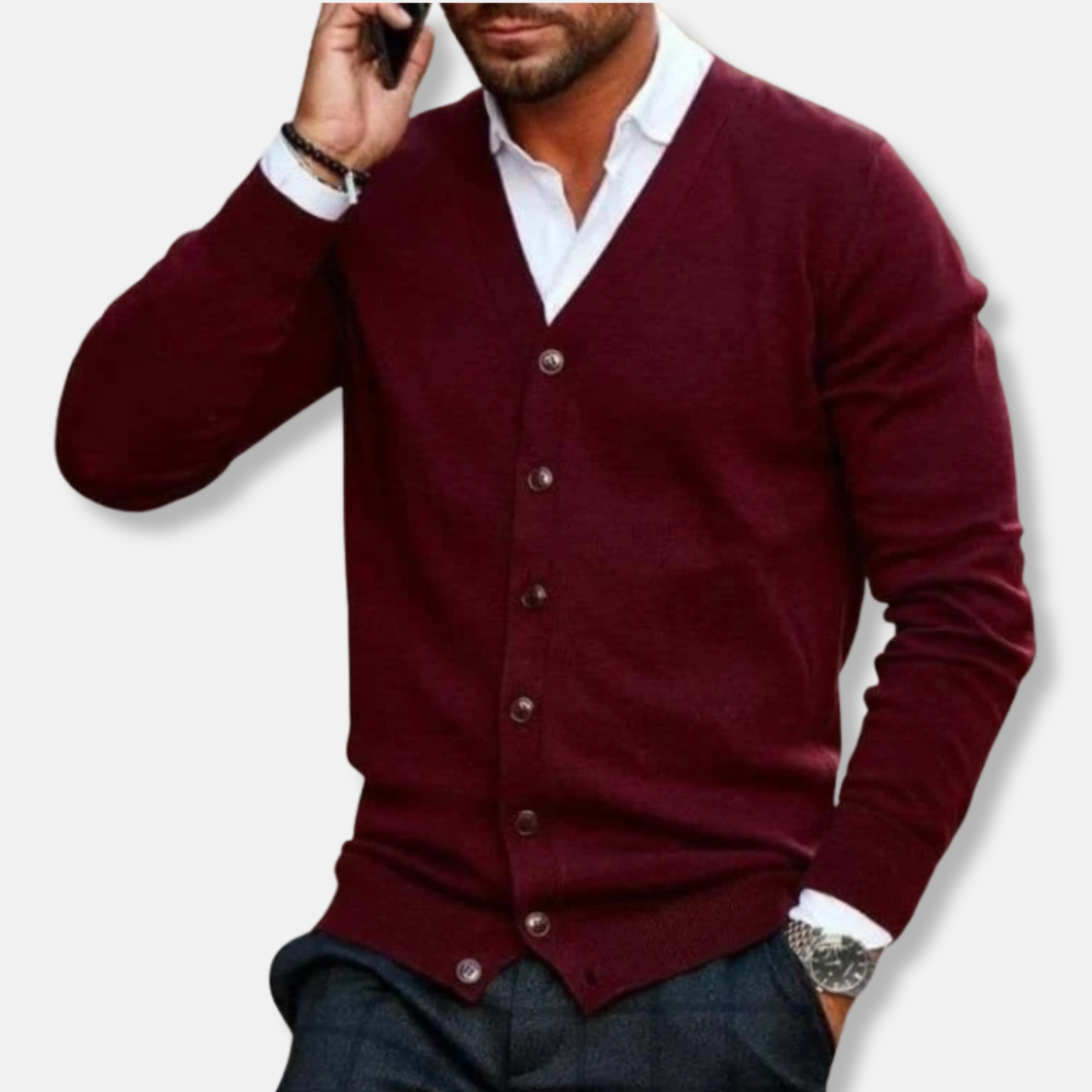 Men's wool v-neck cardigan in solid tone, regular-fit button-front with ribbed texture for smart casual