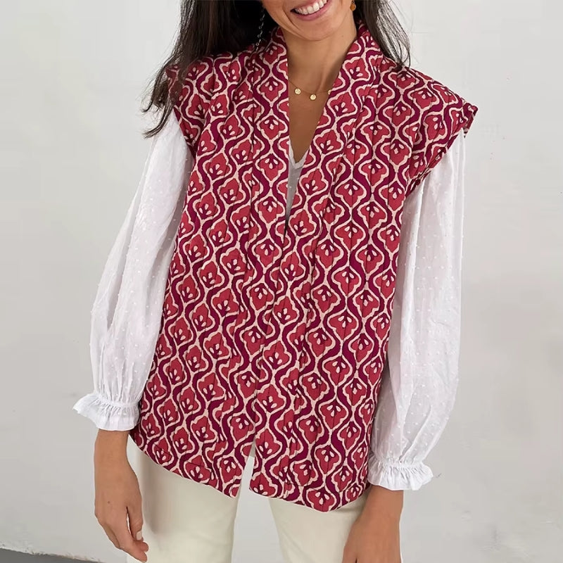 Women's plaid floral sleeveless open-front vest coat, hand-stitched lightweight layering piece