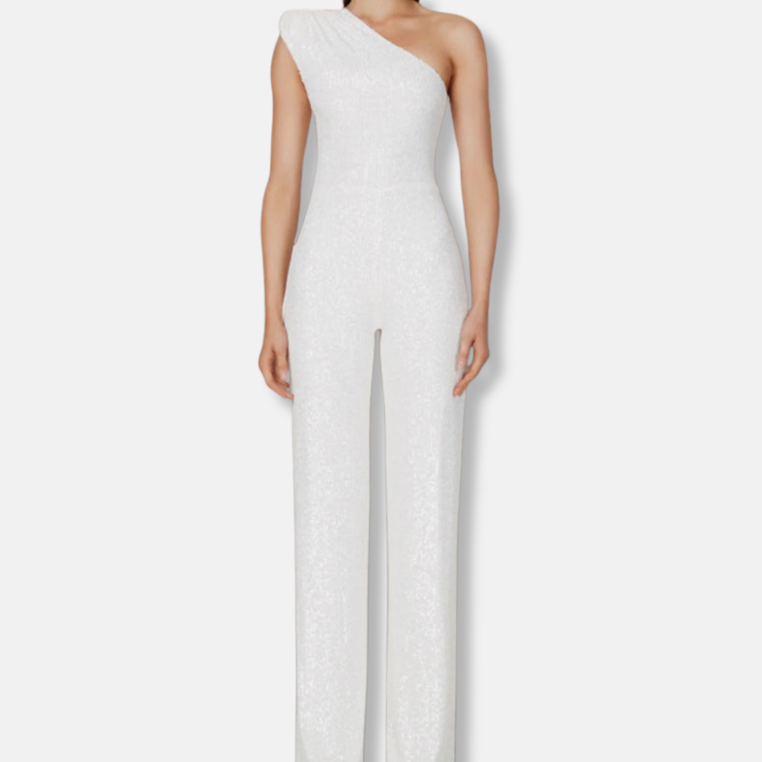 Women's silver sequined one-shoulder wide-leg jumpsuit sleeveless glamorous eveningwear silhouette