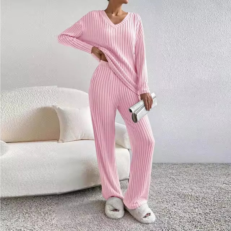 Women's ribbed knit two-piece set V-neck sweater matching trousers soft breathable loungewear