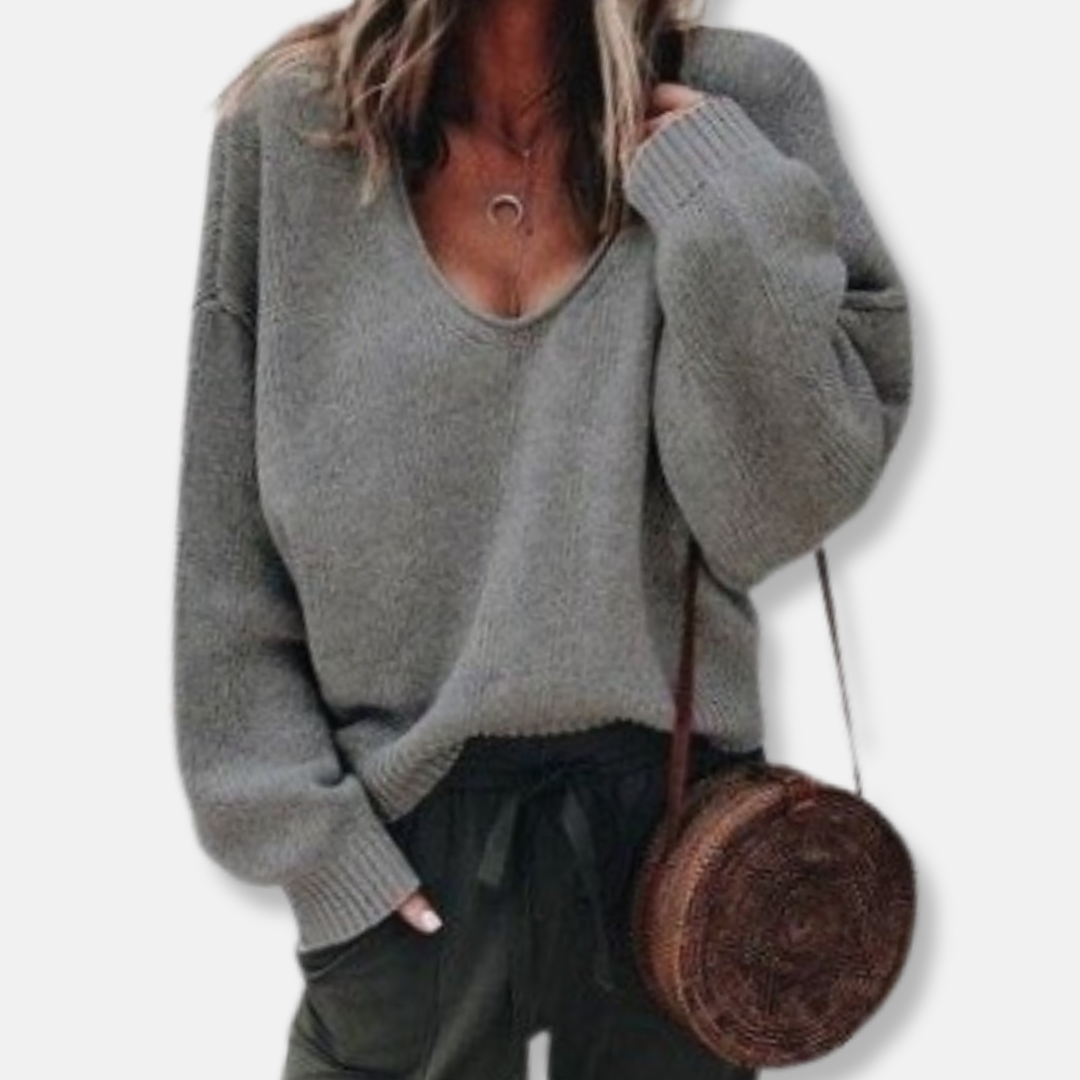 Women's relaxed fit deep V-neck knit sweater soft wool blend cozy long sleeve everyday style