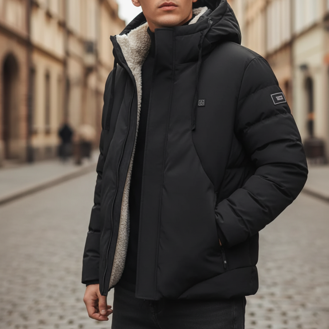 Men's heated down jacket with hood in gray water-resistant nylon, integrated heating system outdoor coat
