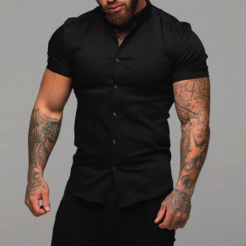 White stretch-fit short sleeve dress shirt with sculpted athletic cut and wrinkle-resistant fabric