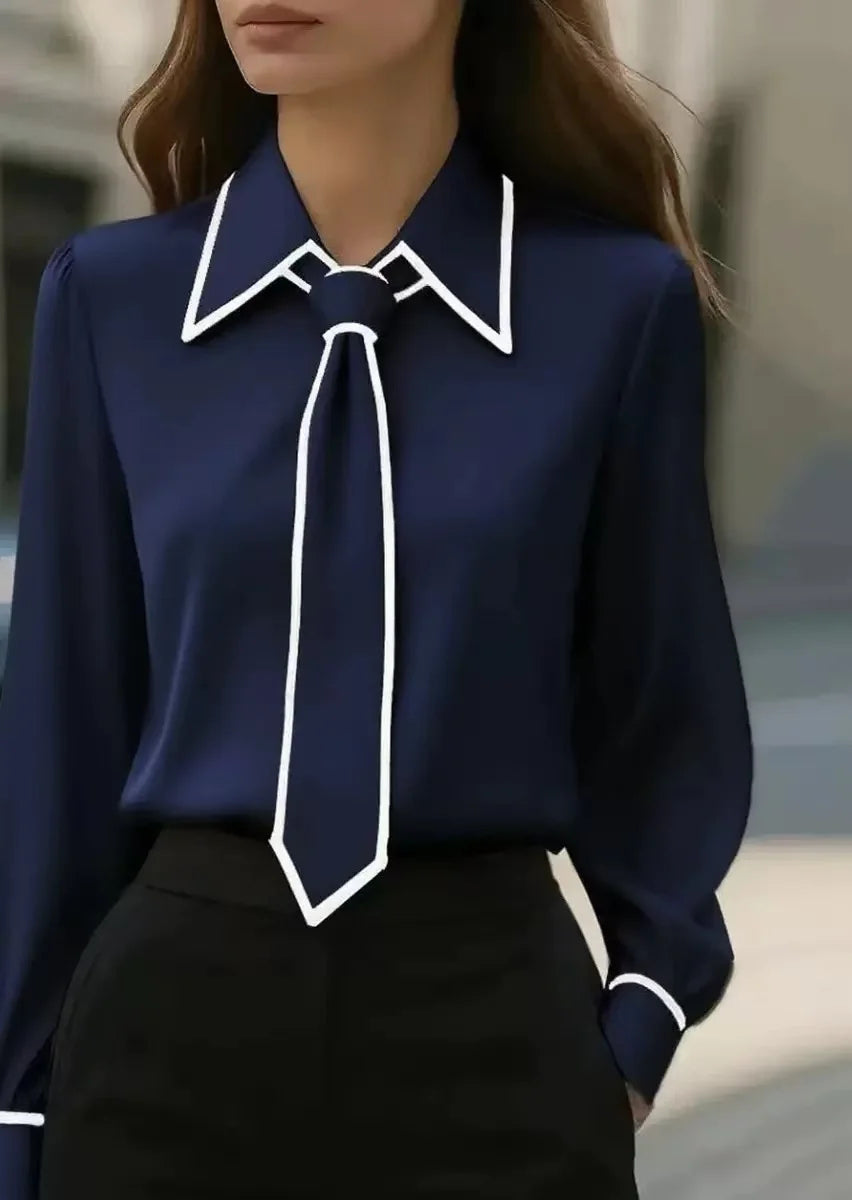 White contrast piping blouse with oversized collar and detachable tie, wrinkle-resistant cotton blend