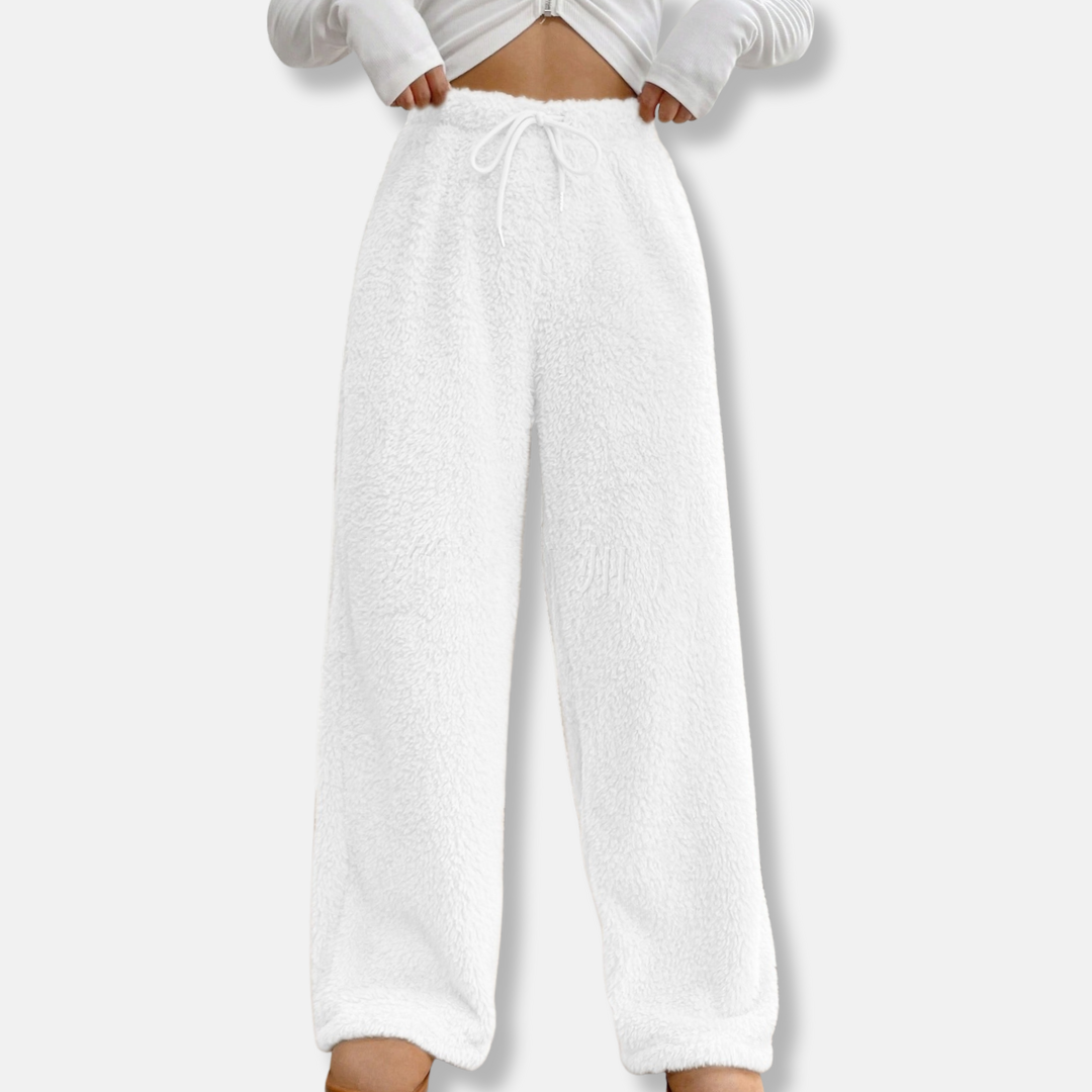 Women's plush fleece lounge pants loose wide-leg fit with drawstring waist cozy home comfort style