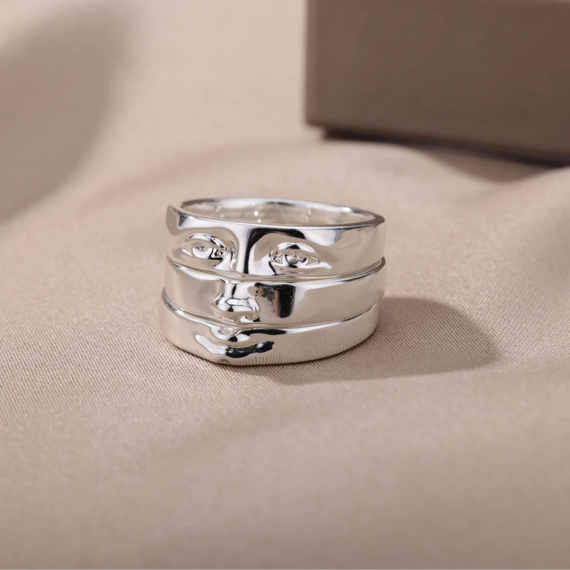 Stainless steel stackable Trinity face ring set 3-piece sculptural wearable art jewelry